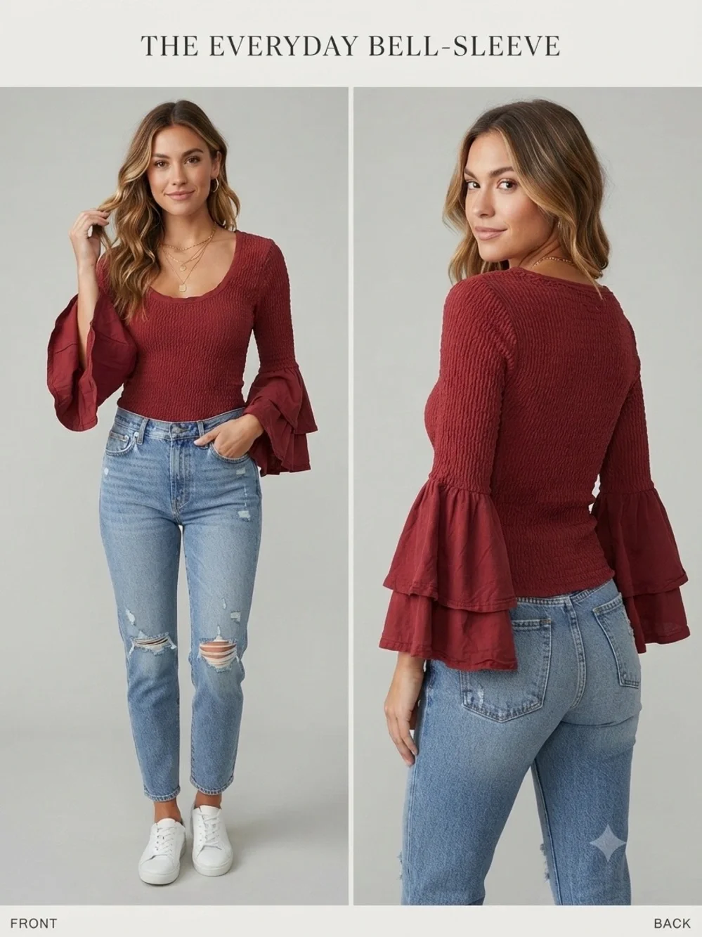 Anthropologie Everyday Bell-Sleeve Top in Deep Red , Size XS